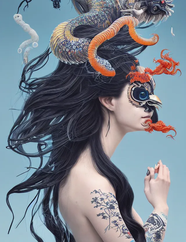 Image similar to 3 d goddess half - turn portrait with long hair with ram skull. beautiful intricately detailed japanese crow kitsune mask and clasical japanese kimono. betta fish, jellyfish phoenix, bio luminescent, plasma, ice, water, wind, creature, artwork by tooth wu and wlop and beeple and greg rutkowski