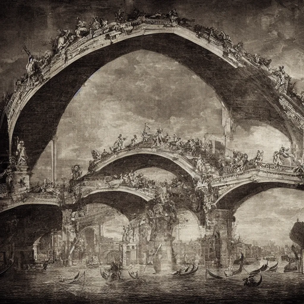 Image similar to dream of the bridges of venice by piranesi, composition, cinematic, rule, grid