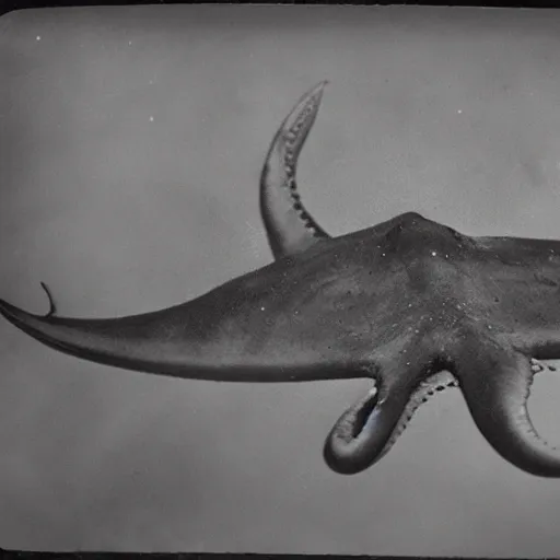 Image similar to underwater tintype photo of a giant squid