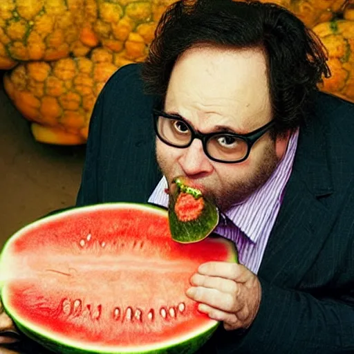 Image similar to “Frank Reynolds (from It's Always Sunny In Philadelphia) as the US President eating a watermelon, informal journalistic style photo by Steve McCurry”