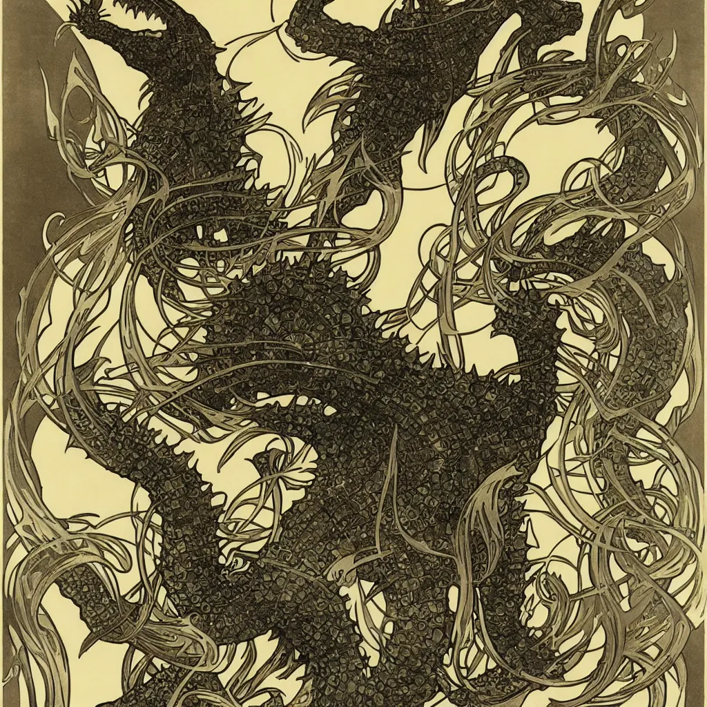 Image similar to Godzilla, Alphonse Mucha