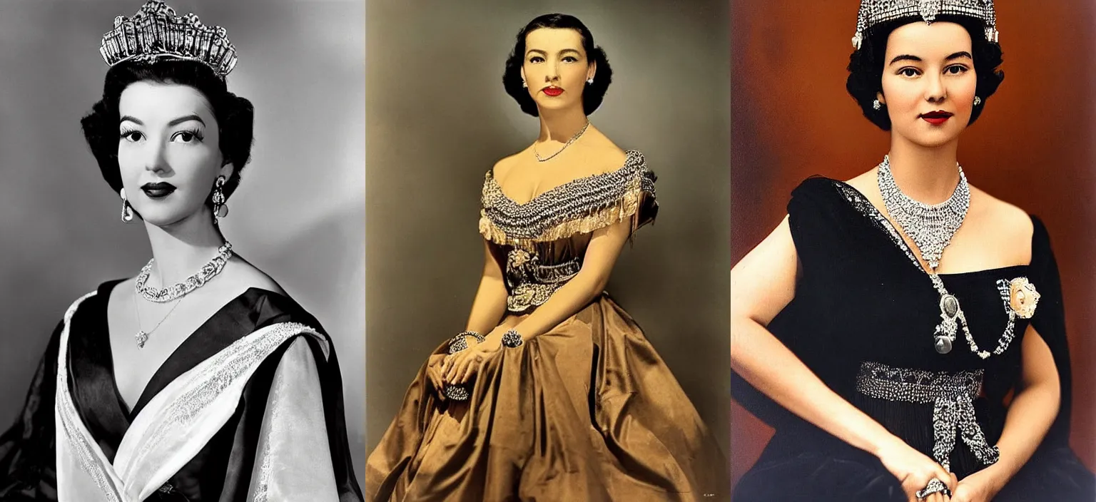 Prompt: “The photograph is a vintage 1952 portrait of a beautiful duchess woman posing in a studio with black hair, tan complexion, and monolid eyes. She is adorned with a magnificent court gown and jewellery, and she has a haughty, defiant look on her face.”