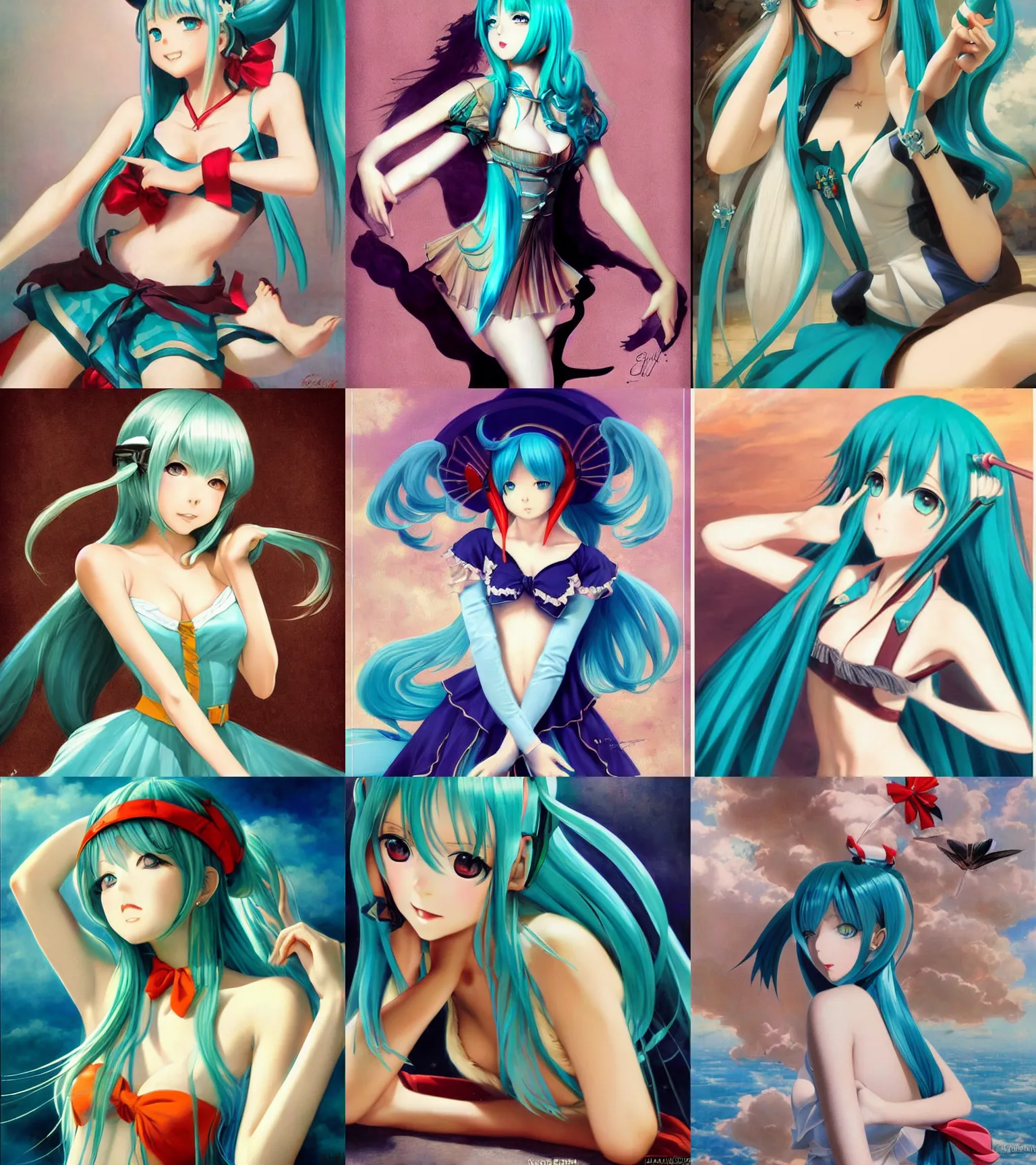 Image similar to Anime art very beautiful Hatsune miku by Gil Elvgren, Vladimir Volegov, Earl Moran, Enoch Bolles, symmetrical shoulders