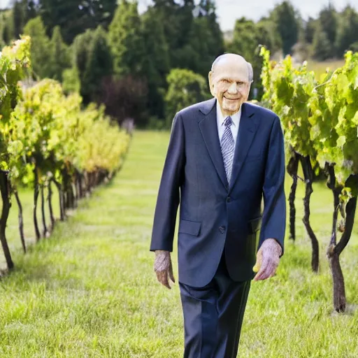 Image similar to photo of Russell M Nelson in a suit having a drink of wine, pr photo shoot, pristine and clean, 85mm lens,