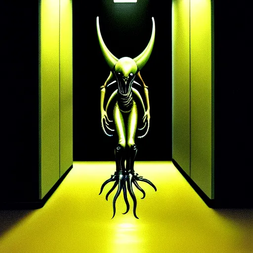 Prompt: black glossy xenomorph, alien movie, endless empty office building, pale yellow wallpaper, moist brown carpet, dim fluorescent lighting, artstation, ultra detailed, creepy, dramatic lighting, photorealistic, art by h. r. giger and chris fss