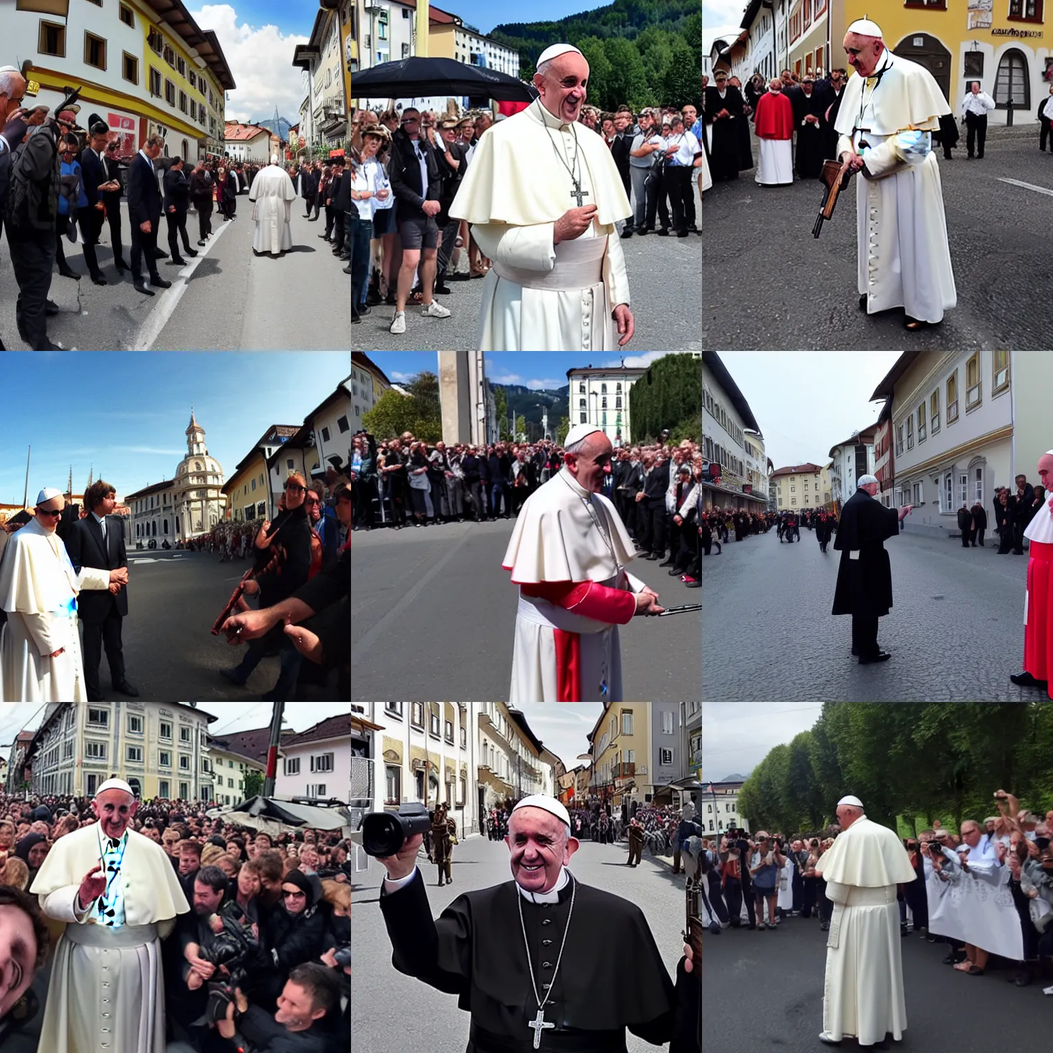 Prompt: the pope in the streets of austria, holding a shotgun, taken on go pro hero8