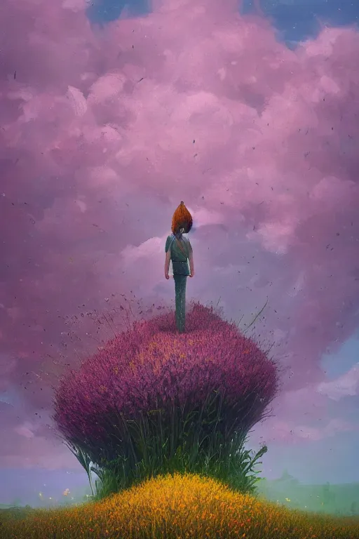 Prompt: closeup, towering flowers as head mohawk, woman in heather field, surreal photography, starlight, storm clouds, impressionist painting, digital painting, artstation, simon stalenhag