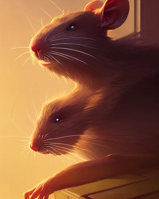 Image similar to highly detailed vfx portrait of a rat, unreal engine, greg rutkowski, loish, rhads, beeple, makoto shinkai and lois van baarle, ilya kuvshinov, rossdraws, tom bagshaw, alphonse mucha, global illumination, detailed and intricate environment