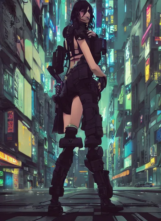 Image similar to hyper - realistic cyberpunk anime woman, standing on tokyo street, extreme detail, concept art, in style of yoji shinkawa, pan ren wei, col price, atey ghailan, by greg rutkowski, by greg tocchini, by james gilleard, by joe fenton, by kaethe butcher, aesthetic