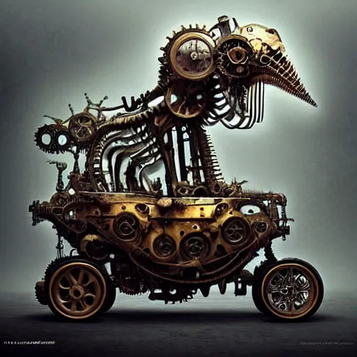 Image similar to biomechanical steampunk vehicle reminiscent of fast sportscar with robotic parts and (glowing) headlights parked in ancient lush palace, gothic and baroque, brutalist architecture, ultradetailed, creepy ambiance, fog, artgerm, giger, Intricate by Ellen Jewett and Josan Gonzalez and Giuseppe Arcimboldo