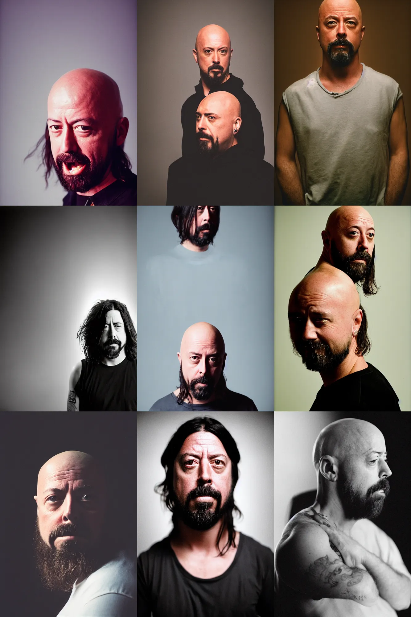 Image similar to High resolution medium shot portrait of bald Dave Grohl, dramatic lighting, Fuji Superia, F 2.8, 85mm, magazine photography,