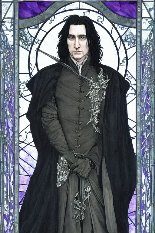 Prompt: breathtaking detailed painting of a handsome young severus snape with a long intricate cloak and silver ribbons, by ayami kojima and brom, in an art nouveau amethyst stained glass, detailed realistic facial features, 8 k, concept art, matte, sharp focus, rembrandt style