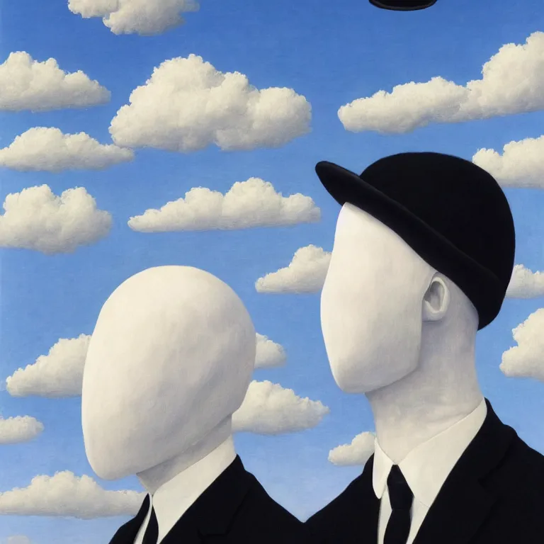 Image similar to portrait of a faceless white - masked - head man in a suit and black gloves, clouds and nature landscape in the background, by rene magritte, detailed painting, distance, centered, hd, hq, high resolution, high detail, 4 k, 8 k