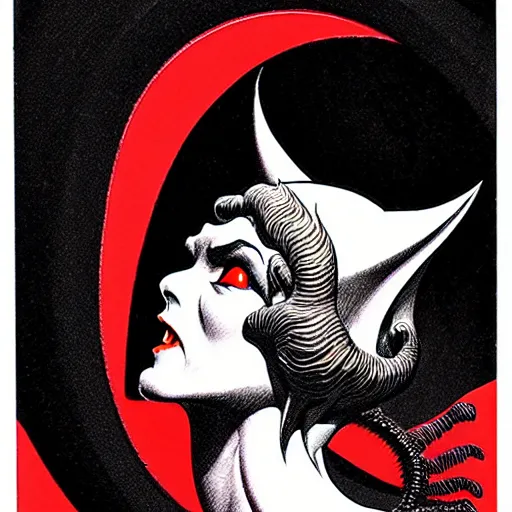 Image similar to medium gargoyle soft light, by bernie wrightson and joe fenton and jack gaughan, inspired art deco, black and red only, fine, sharp high detail,