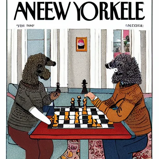 Image similar to two elderly poodles wearing sweater vests playing chess in the style of a New Yorker magazine cover