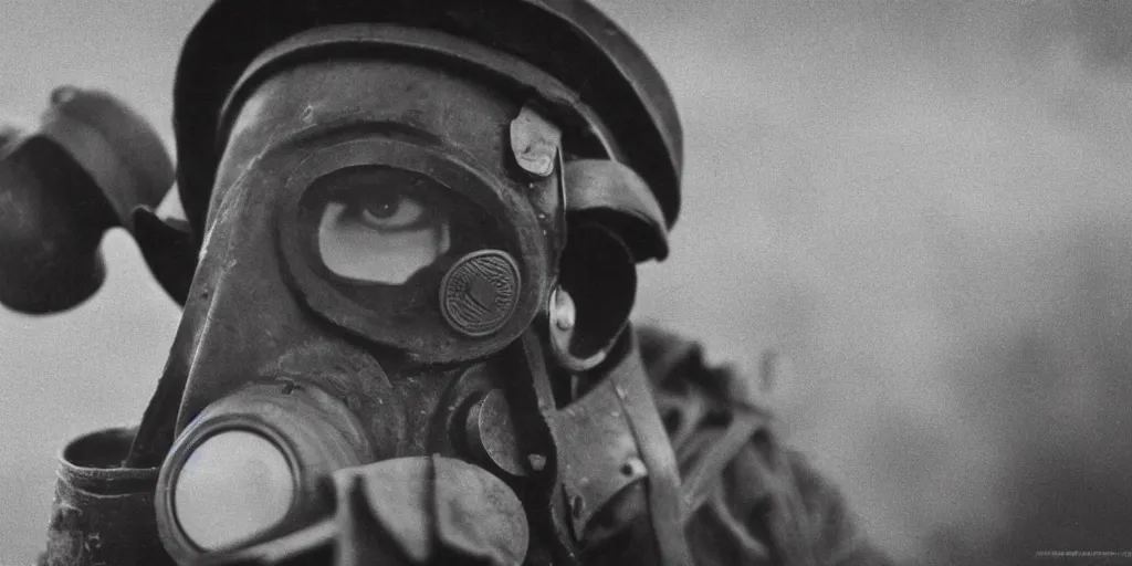 Image similar to wwi soldier wearing a gas mask, no man's land, yellow gas, cinematic, blue and yellow tones, atmospheric, anamorphic lens, shot on arri alexa