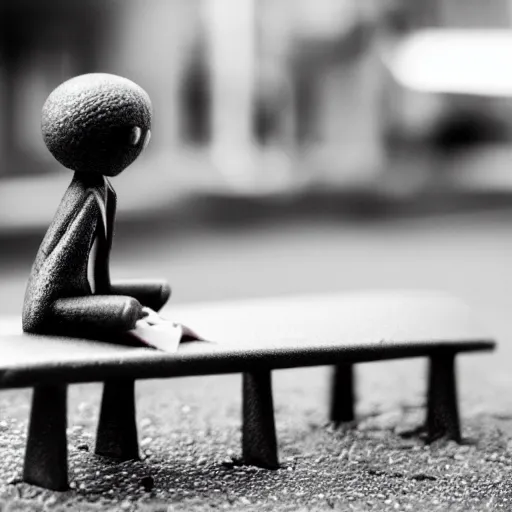 Image similar to macro photography of a tiny plastic depressed man in a suit, sitting on a bench with his cat, 3 5 mm macro shot,