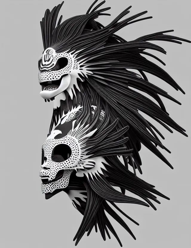 Image similar to 3 d goddess close - up profile simple portrait punk with mohawk with tiger skull. beautiful intricately detailed japanese crow kitsune mask and clasical japanese kimono. betta fish, jellyfish phoenix, bio luminescent, plasma, ice, water, wind, creature, artwork by tooth wu and wlop and beeple and greg rutkowski