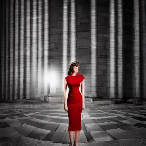 Image similar to beautiful woman in a coffee dress standing under the circle of light of lamp post, grayscale phtoto with red dress, high resolution, 8k resolution, highly detailed, attention to details, realism, photo-realism, photo by marco glaviano, 35mm