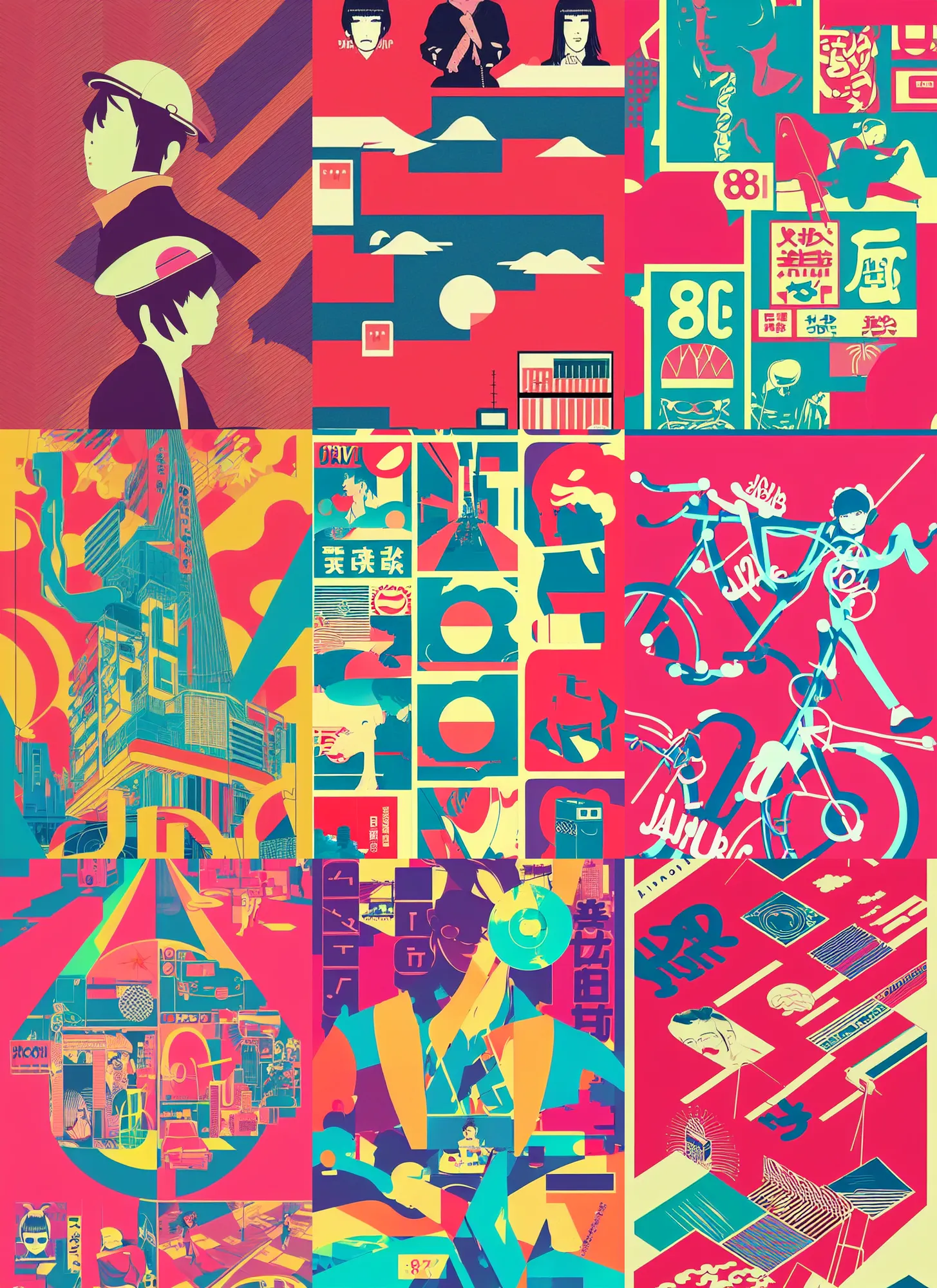 Prompt: beautiful illustration of layout of japanese pop art, city pop, branding stylish frame, acid, modular synth, typography, music, chillhop, obi strip, poster, 8 0 s, album art, trendy typography, lo - fi, logo, landscape, pinterest, dribble, influenced by retro and vintage, artstation, 8 k, user interface, underground