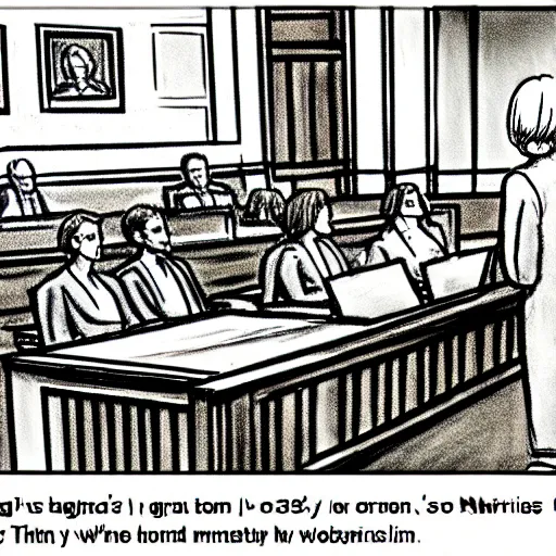 Prompt: [ ridiculous courtroom scene drawn by marilyn church ]