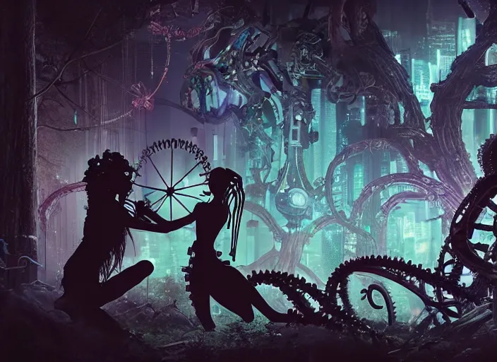 Image similar to silhouette of an intricate mechanical fairy with visible gears having tea with a cyborg gorgon medusa in a magical forest. Very detailed 8k. Fantasy cyberpunk horror. Sharp. Cinematic post-processing