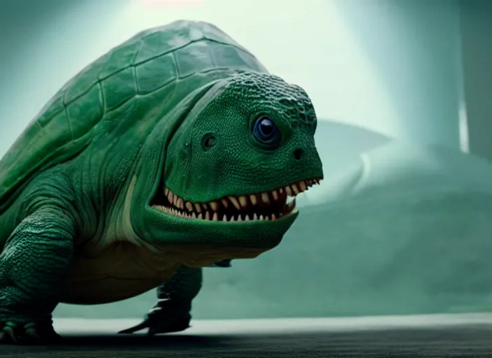 Image similar to film still of real life dinosaur turtle yoshi in the new sci - fi movie, 8 k