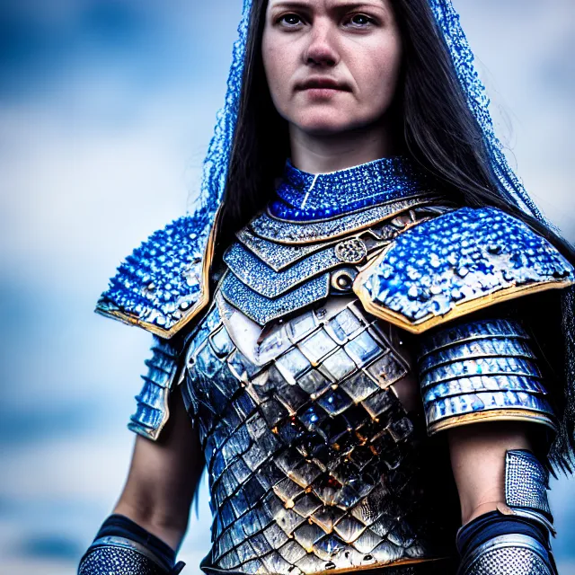 Image similar to photo of a beautiful warrior queen wearing sapphire encrusted armour, highly detailed, 8 k, hdr, smooth, sharp focus, high resolution, award - winning photo