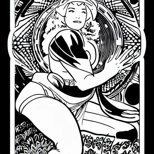 Image similar to clean simple line art with heavy black outlines of a woman floating in space wearing a space suit. no background. well composed, clean coloring book page, beautiful detailed face. coloring book line art by steve ditko and jack kirby and alphonse mucha and mike mignola