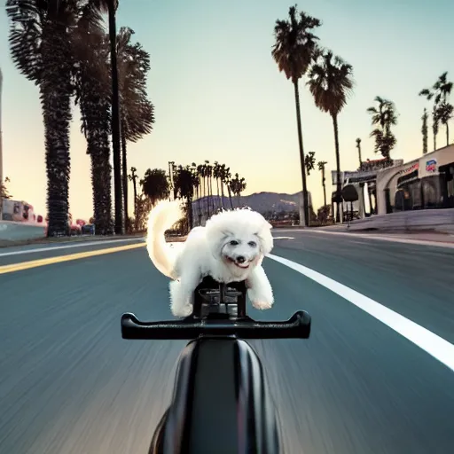 Image similar to a photorealistic image of a white bichon frise puppy dog riding a black motorcycle in Hollywood at sundown. Palm trees in the background. Paws on handlebars. This 4K HD image is Trending on Artstation, featured on Behance, well-rendered, extra crisp, features intricate detail and the style of Unreal Engine.