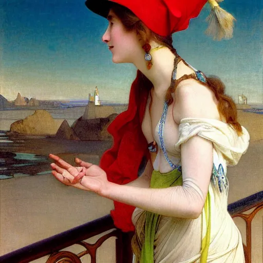 Image similar to A girl with jester hat and clothes on the front of a Balustrade with a beach on the background, major arcana clothes, by paul delaroche, alphonse mucha and arnold böcklin arnold böcklin hyperrealistic 8k, very detailed