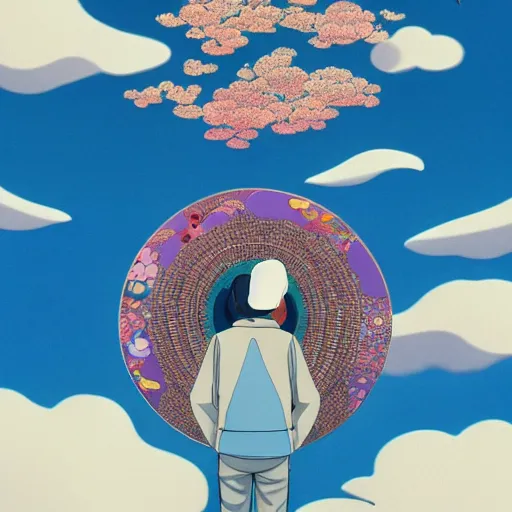 Image similar to a man walking on clouds away from the camera above kyoto by takashi murakami, beeple and james jean, aya takano color style, 4 k, super detailed, modern, 4 k, symmetrical