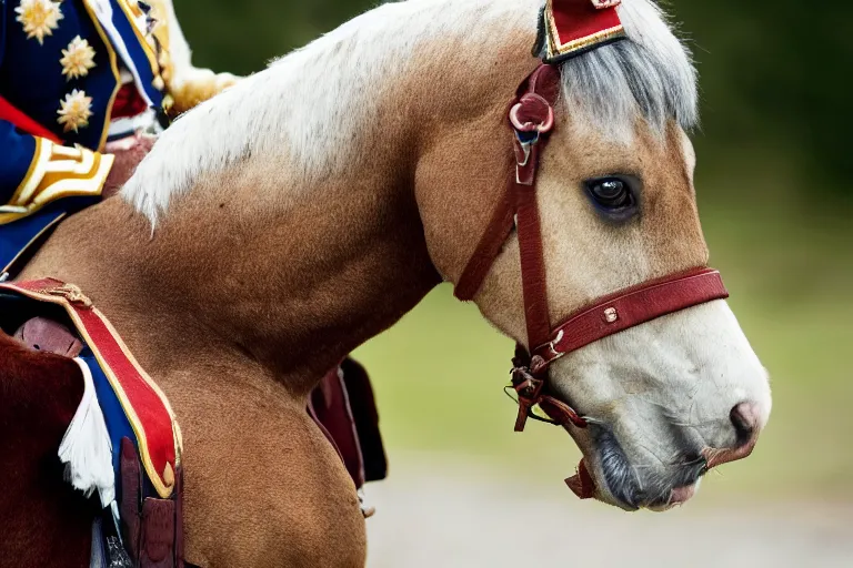 Prompt: closeup portrait of emmanuel macron dressed as napoleon riding a tiny miniature horse, natural light, sharp, detailed face, magazine, press, photo, steve mccurry, david lazar, canon, nikon, focus