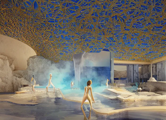 Image similar to modern chic futuristic royal blue and white onsen (Japanese bath house) with gold intricate details at Pamukkale, thermal waters flowing down white travertine terraces, dozen beautiful women wearing sweet dresses, ethereal anf dreamy, intricate, elegant, luxurious, digital painting, concept art, smooth, sharp focus, from Star Trek 2021, illustration, by WLOP and Ruan Jia and Mandy Jurgens and William-Adolphe Bouguereau, Artgerm