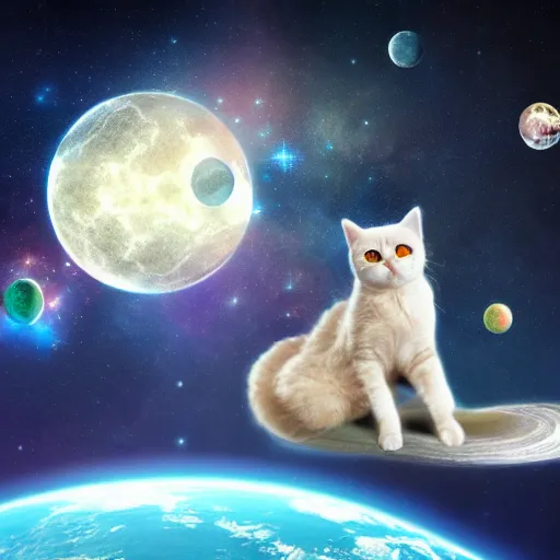 Image similar to fantasy cat floating in space, high detail, fantasy art, concept art, 4 k, ultra detail, computer art