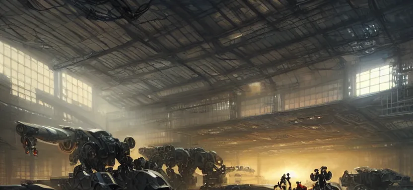 Prompt: Futuristic mecha hangar with workers and machinery, light effect, by Greg Rutkowski and Andreas Rocha on artstation, high-definition picture, Matte painting, mechanical, Unreal Engine, hard surface, 4k