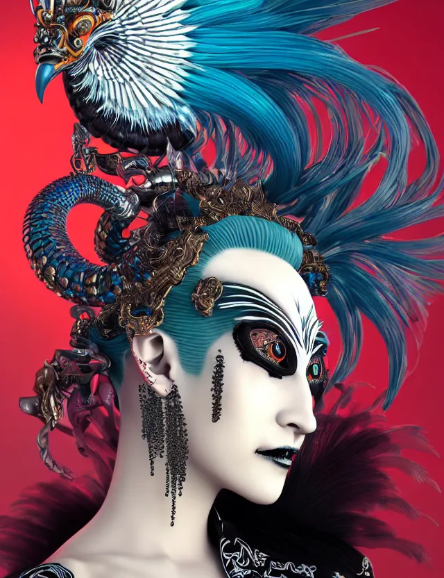 Image similar to 3 d goddess close - up profile portrait punk with mohawk with ram skull. beautiful intricately detailed japanese crow kitsune mask and clasical japanese kimono. betta fish, jellyfish phoenix, bio luminescent, plasma, ice, water, wind, creature, artwork by tooth wu and wlop and beeple and greg rutkowski