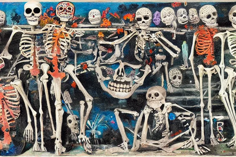 Image similar to scene from surfing, day of the dead, cyber skeleton, neon painting by otto dix