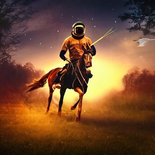 Image similar to arrows struck astronaut riding a horse in a fantasy forest, landscape, evening ambience, sunset, cinematic, digital art, front lit, epic, cinematic