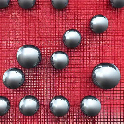 Prompt: chrome spheres on a red cube, corrugated