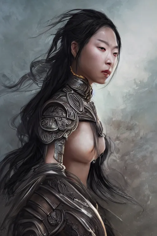 Image similar to Art station concept of Asian woman, fair skin, big eyes, long black hair, no bangs, wearing sculpted textured armor, closes her eye, battle damage, intricate complexity, close-up of the front of the face, resolute expression, back lighting, 4K resolution, symmetric, clear facial features, by Ruan Jia and Mandy Jurgens and William-Adolphe Bouguereau, Karol Bak, smooth, sharp focus, rich deep colors, Unreal Engine 5, digital render, intricate, ultra realistic, concept art