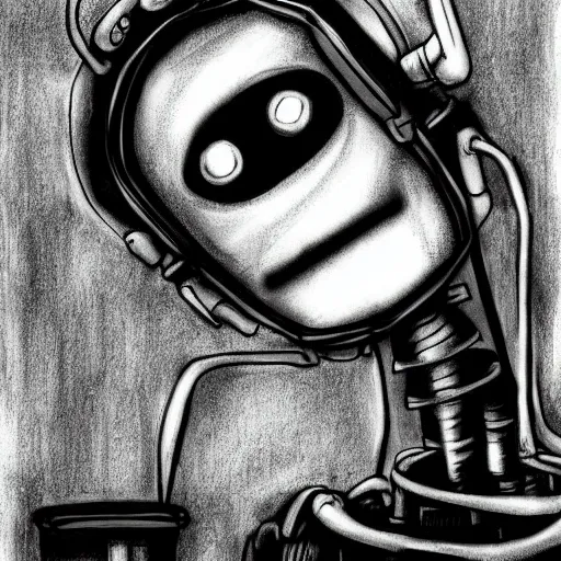 Prompt: grunge drawing of a robot in the style of the grudge | horror themed