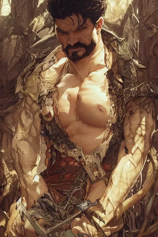 Prompt: kraven the hunter, D&D, fantasy, intricate, highly detailed, digital painting, artstation, concept art, smooth, sharp focus, illustration, art by artgerm and greg rutkowski and alphonse mucha