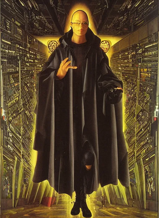 Prompt: a cyberpunk augmented priest jacking into the matrix by Jan van Eyck