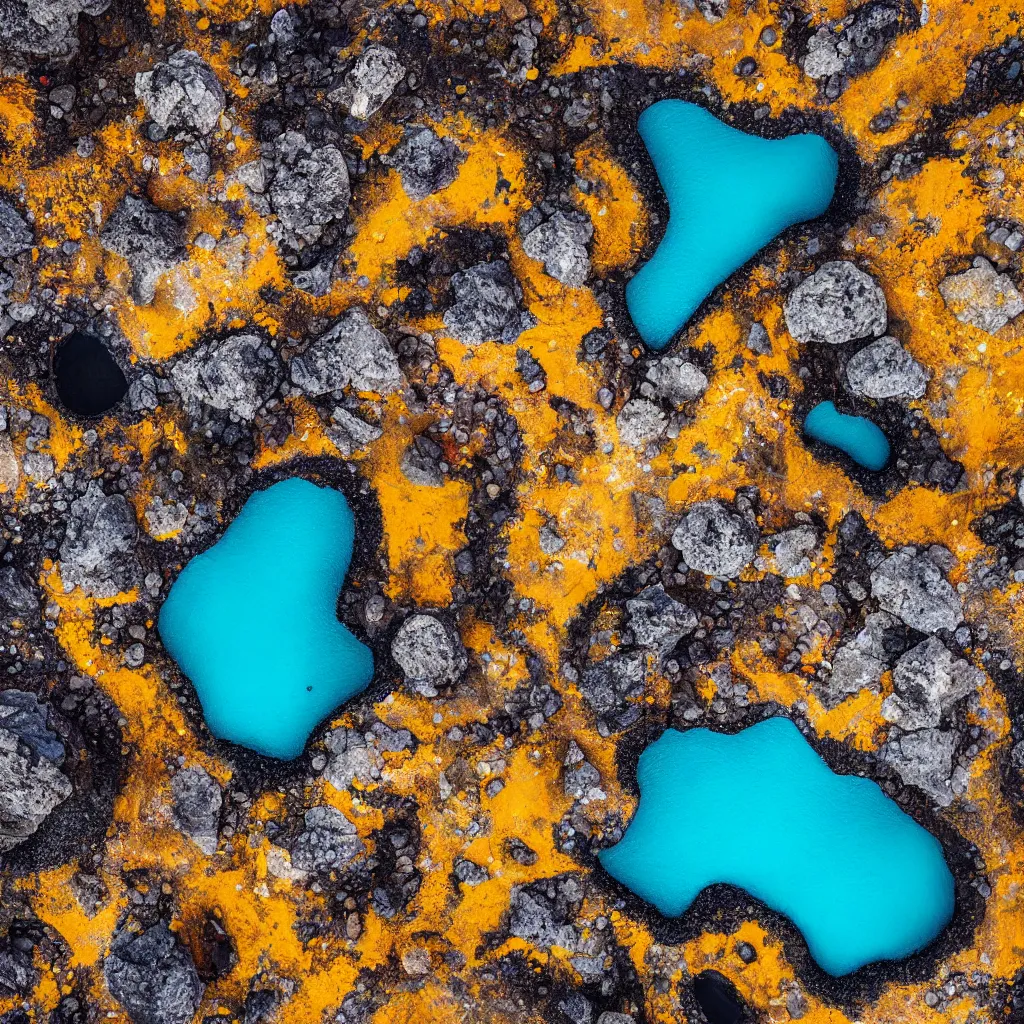 Image similar to golden boulders, black volcanic rock with colorful pools of bright milky paint, birds eye view