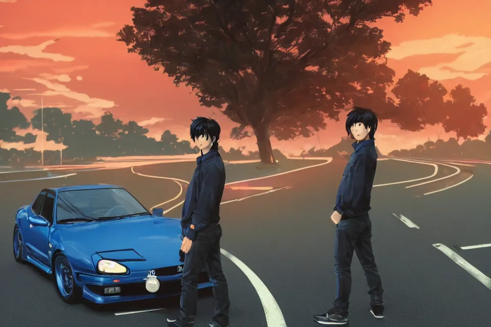 Prompt: aesthetic illustration of ryosuke takahashi with black hair wearing a dark blue shirt standing near white mazda rx 7 on an empty highway at dusk, cinematic lighting, initial d anime 1 0 8 0 p, detailed anime face, high detail, 9 0 s anime aesthetic, volumetric lights, unreal engine 5 render, pinterest wallpaper, trending on artstation