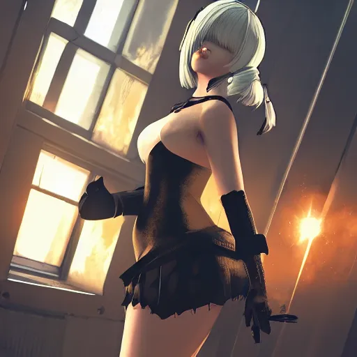 Image similar to illustration gta 5 artwork of 2 b nier automata, in the style of gta cover art, by stephen bliss, trending on artstation, pixiv, 8 k stephen bliss, unreal engine, greg rutkowski, rhads, beeple, ilya kuvshinov, rossdraws, tom bagshaw, alphonse mucha, global illumination, god rays, detailed and intricate environment