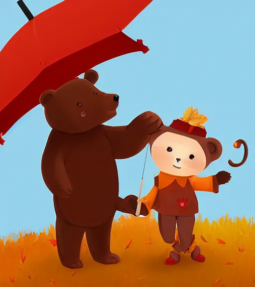 Image similar to autumn a bear with an umbrella cartoon trending on artstation