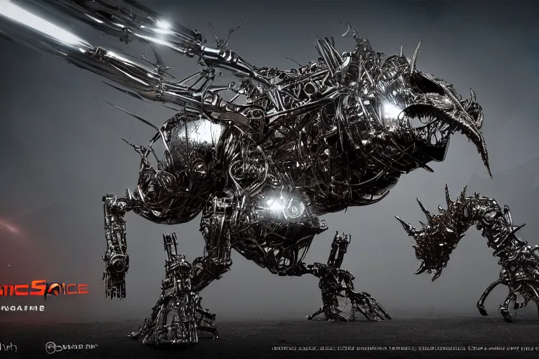 Prompt: giant metallic nightmare robotic creature with fangs made from syringes, science fiction horror art, cosmic horror, demonic, gleaming chrome, 8k, cgsociety, ultra high detail, rendered in unreal engine 5