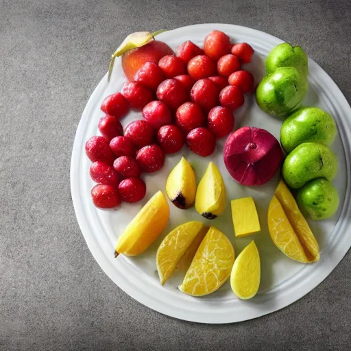 Prompt: a metal plate of cut fruit